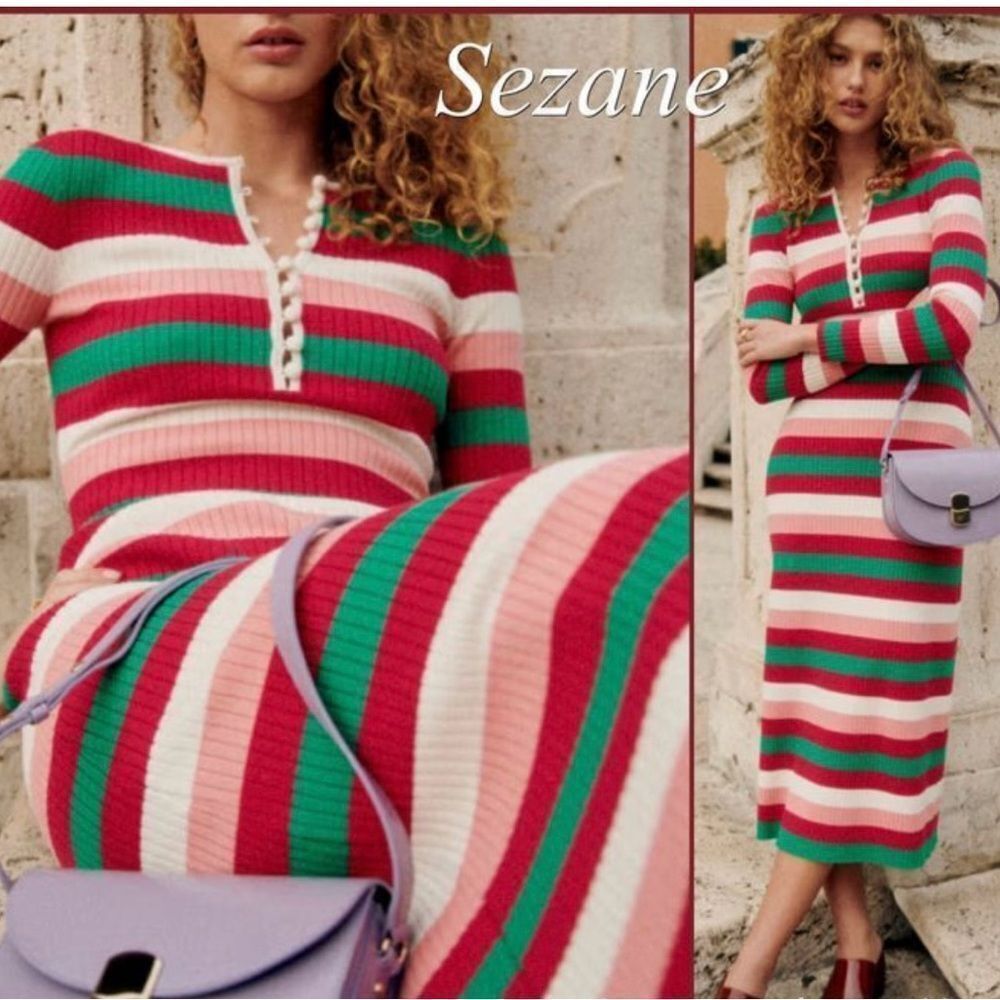 La Maille Sezane Striped Long Dress Wool Blend Multicolored Sz Small